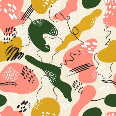 El çizimi dokuları olan soyut vektör arkaplanı, memphis tarzı. Evrensel kart, pastel renkler. Retro tasarım, moda sanatı.