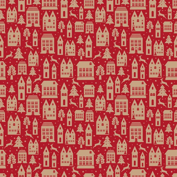 Alte Stadt nahtlose Farbmuster mit alten Gebäuden für Tapeten oder Hintergrunddesign auf rot. Weihnachten und Neujahr Winter Hintergrund. — Stockvektor