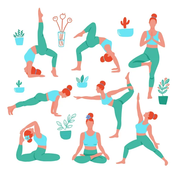 8 Frauen in den Yoga-Posen auf Farben Sport schließt auf weißem Hintergrund. Trend zeitgenössisches Plakat. Vereinzelte Charaktere. — Stockvektor