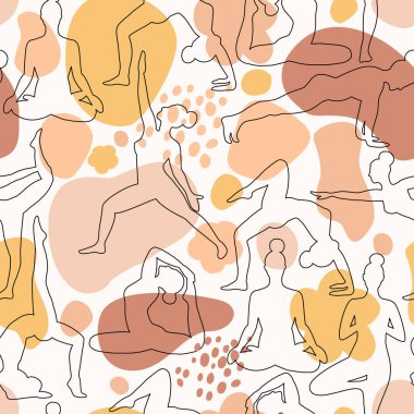 Yoga kusursuz desen. Sağlıklı bir yaşam tarzı. Dünya Sağlık Günü. Yoga sınıfında yüzey tasarımı ve egzersiz yapan kızlar..