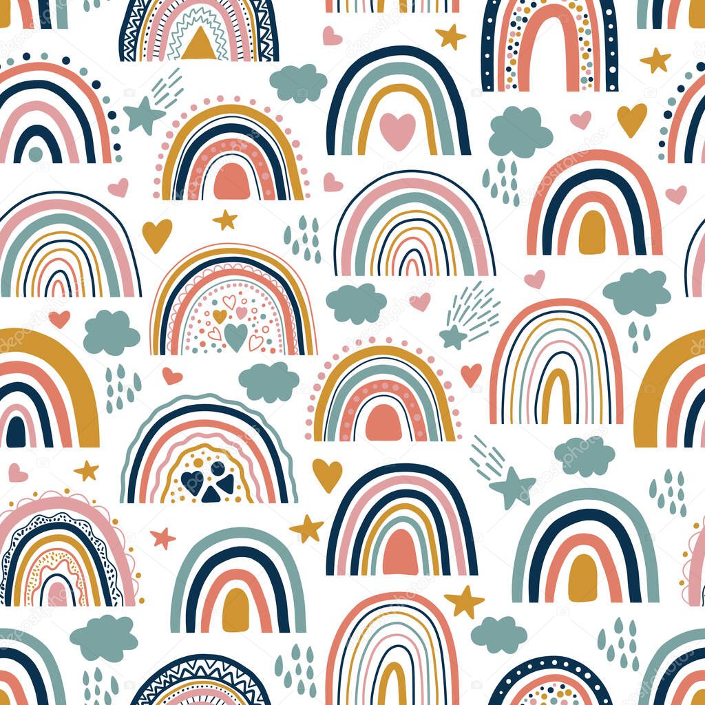 Nice baby neutral bohemian rainbows seamless pattern. Trend rainbows surface. Boho rainbows for baby shower invitations, cards, nursery room, posters, fabric. Vector patel bohemian rainbows on white.