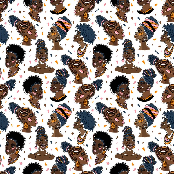 Chicas guapas afroamericanas. Vector Ilustración de Mujer Negra con labios brillantes y turbante. Ideal para avatares. Patrón de superficie inconsútil aislado en blanco. — Archivo Imágenes Vectoriales