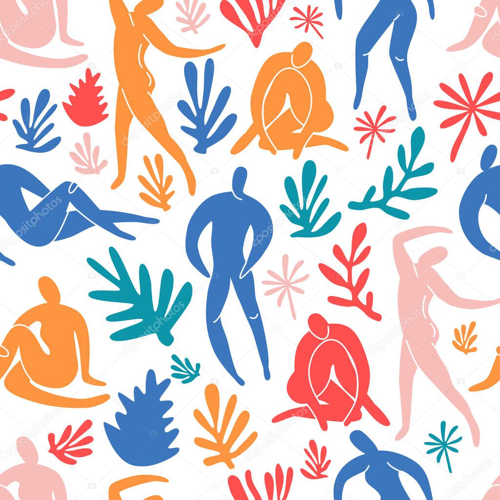 Seamless pattern trendy doodle and abstract people icons on white background. Summer collection, unusual shapes in freehand matisse art style. Includes people, floral art.