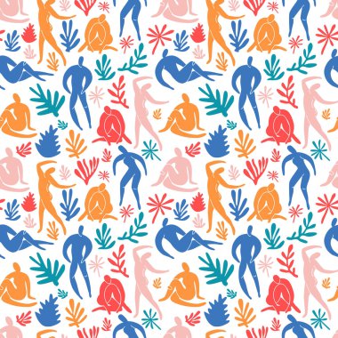 Seamless pattern trendy doodle and abstract people icons on white background. Summer collection, unusual shapes in freehand matisse art style. Includes people, floral art. clipart