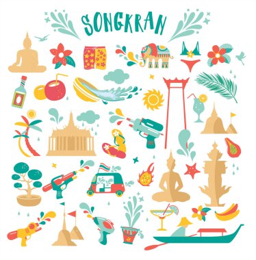 Songkran kutlama partisi Tayland yeni yılı için ikon vektör illüstrasyon tasarımı