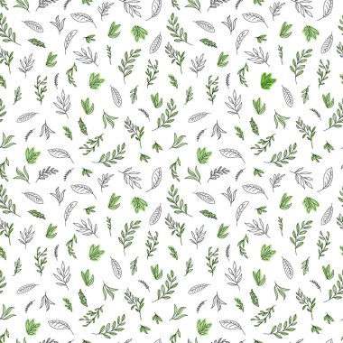 Yapraklarla elle boyanmış basit bir sanat çizgisi çizimi. Duvar kağıdı, ambalaj kağıdı, yüzey tasarımı için kusursuz doğal desen.