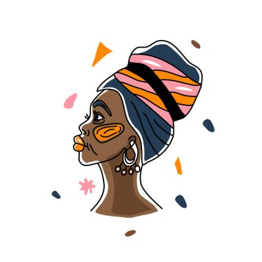 Türbanlı bir Afrikalı kadının portresi, insan hakları, ırkçılıkla mücadele. Çizgi sanatı, minimalizm tarzı. Siyah Geçmiş Ay illüstrasyonu.
