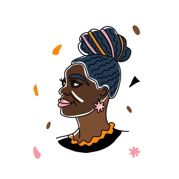 Ritratto beatifull donna africana, diritti umani, lotta contro il razzismo. Line art, stile minimalismo. Illustrazione mese storia nera. — Vettoriale Stock