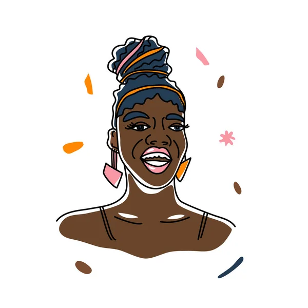 Retrato bonito sorriso mulher africana, direitos humanos, luta contra o racismo. Arte de linha, estilo minimalismo. História preta mês ilustração. —  Vetores de Stock