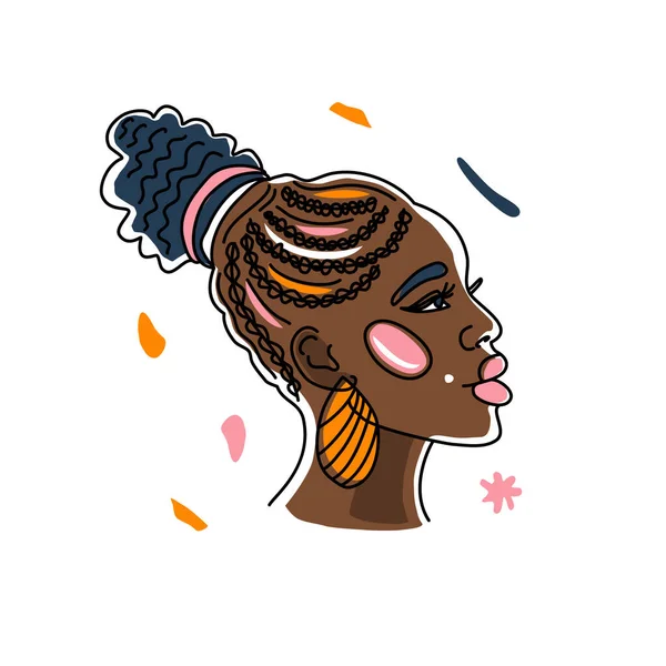 Ritratto Donna africana con una bella acconciatura, diritti umani, lotta contro il razzismo. Line art, stile minimalismo. Illustrazione mese storia nera. — Vettoriale Stock