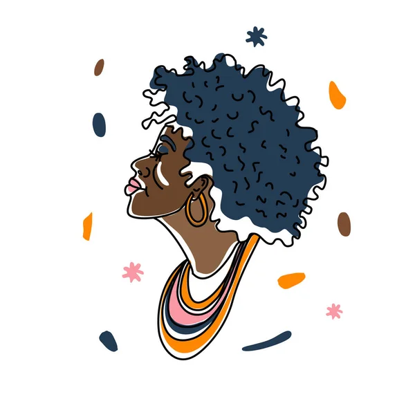 Ritratto beatifull donna africana, diritti umani, lotta contro il razzismo. Line art, stile minimalismo. Illustrazione mese storia nera. — Vettoriale Stock