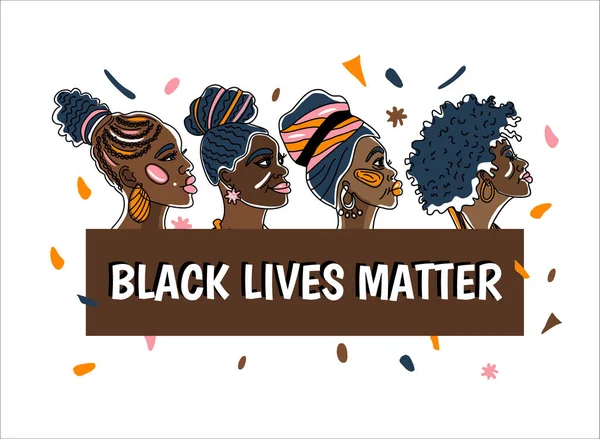 Αφίσα Black Livwe Matter με όμορφες Αφροαμερικανές γυναίκες. Γραμμική τέχνη στυλ μινιμαλισμού στυλ Είμαστε Γυναίκα έννοια εικονογράφηση. — Διανυσματικό Αρχείο