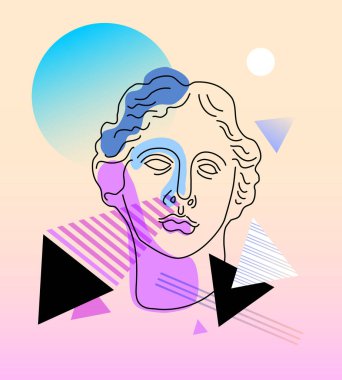 Grafik tişört tasarımı, klasik heykel ve tişört için vektör çizimi. Tanrıça Venüs 'ün antik heykeli figürlerin minimalist stili geometrisiyle modern kolaj