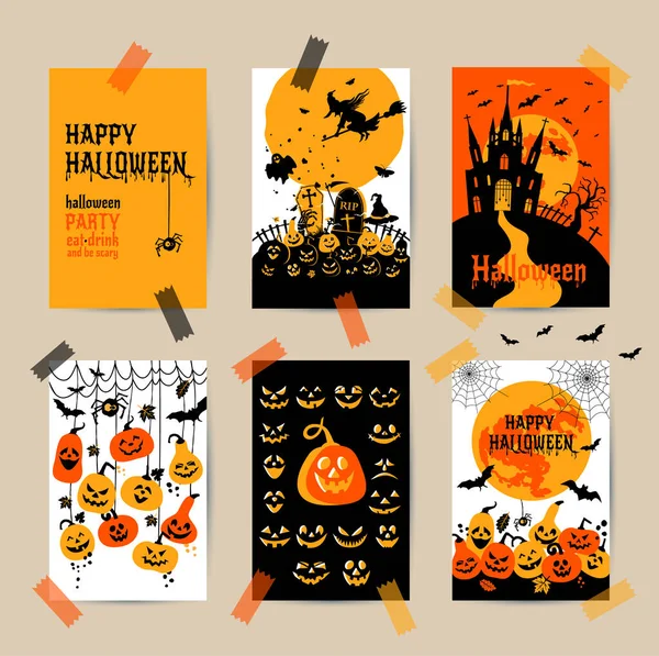 Fröhliches Halloween-Banner. Set von Vektor Design Postkarten Symbole Elemente. — Stockvektor