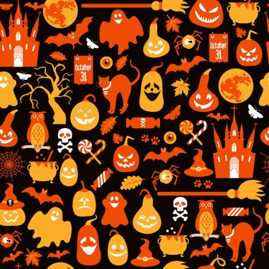 Siyah arka planda hayalet, kafatası, balkabağı ve kara kedi desenleri.