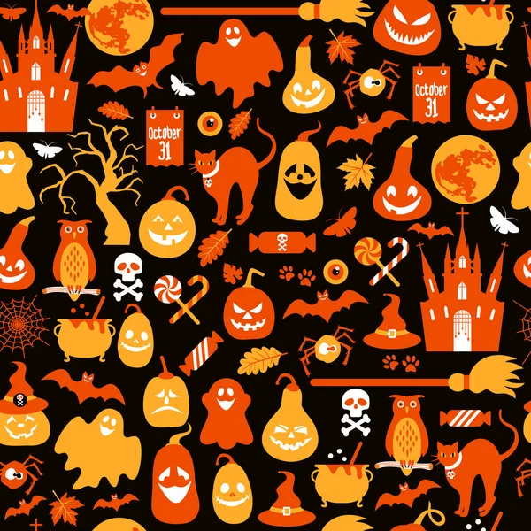 Halloween design padrão sem costura com fantasma, crânio, abóbora e gato preto no fundo preto. — Vetor de Stock