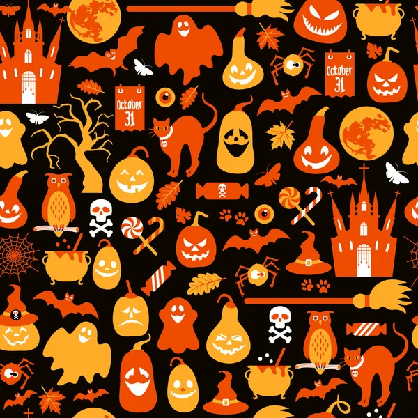 Diseño de patrón sin costuras de Halloween con fantasma, cráneo, calabaza y gato negro sobre fondo negro. — Vector de stock