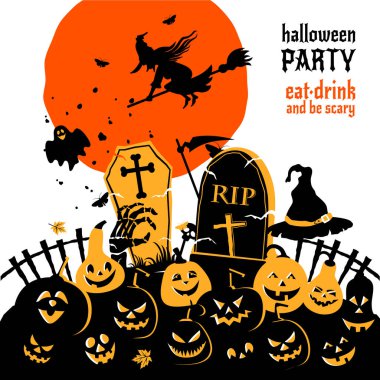 Ay ve Yarasa Cadı Vektörü Tasarımı Düz vektör arkaplanlı Cadılar Bayramı balkabakları