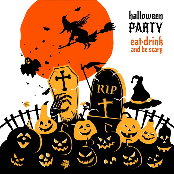 Ay ve Yarasa Cadı Vektörü Tasarımı Düz vektör arkaplanlı Cadılar Bayramı balkabakları