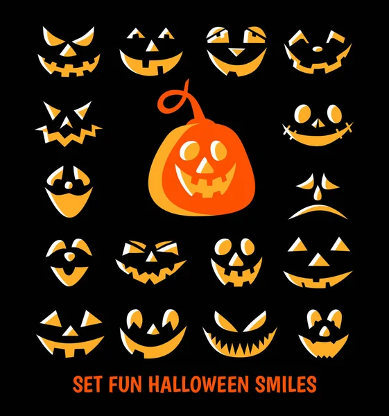 Illustration von Spaß Kürbis lächelt. Design des Symbols eines dunkelschwarzen Hintergrundes mit verschiedenen Augen, Nase und Lächeln. Das wichtigste Symbol des internationalen Feiertags ist das fröhliche Halloween. — Stockvektor