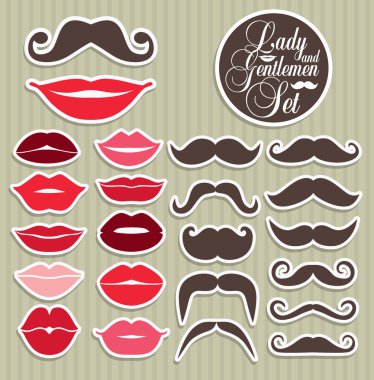 Stikers collection of moustaches and lips. vector