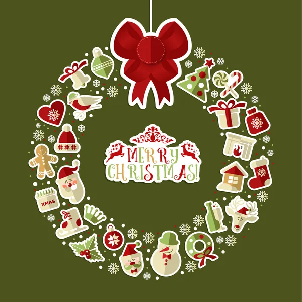 Christmas illustration of wreath with stickers — Stock Vector