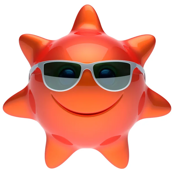 Sol estrella cara sonriente gafas de sol alegre verano sonrisa dibujos animados — Foto de Stock