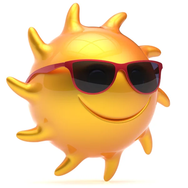 Sol sonriente cara bola gafas de sol alegre estrella de verano de dibujos animados —  Fotos de Stock