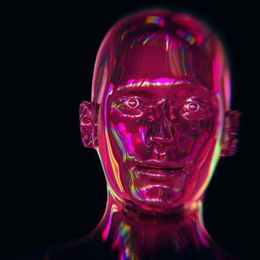 Robot kafalı adam renkli bir portre çizdi. İnsan yüzü hipnozu metalik parlaklık yaratıcılık ikonu konseptini yansıtır. 3d illüstrasyon