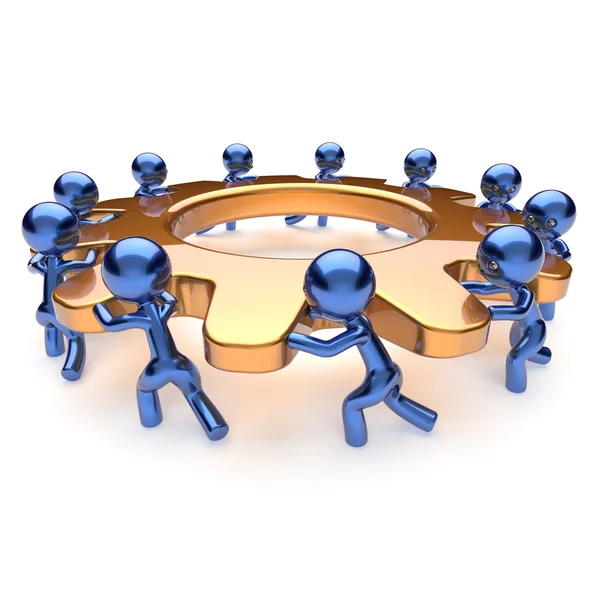 Teamwork business process mans start turning gold gear together — Stock Photo, Image