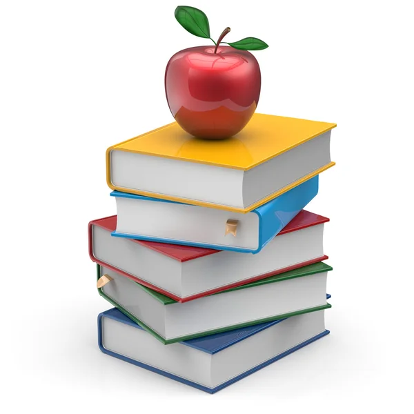 Red apple books stack colorful textbooks school studying — Stock Photo, Image