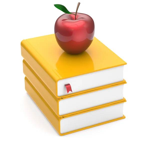 Red apple books yellow textbooks stack studying symbol — Stock Photo, Image
