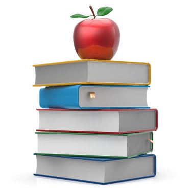 Renkli ders kitapları ve Kırmızı elma simgesi eğitim kitap yığını