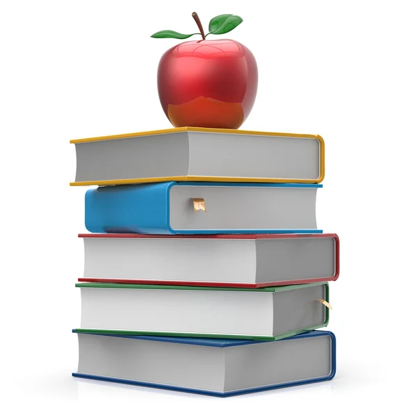 Βιβλία στοίβα πολύχρωμο εγχειρίδια και κόκκινο μήλο μελετώντας εικονίδιο — Φωτογραφία Αρχείου
