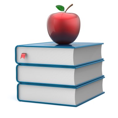 Kitap yığını mavi ders kitapları ve Kırmızı elma eğitim simgesi