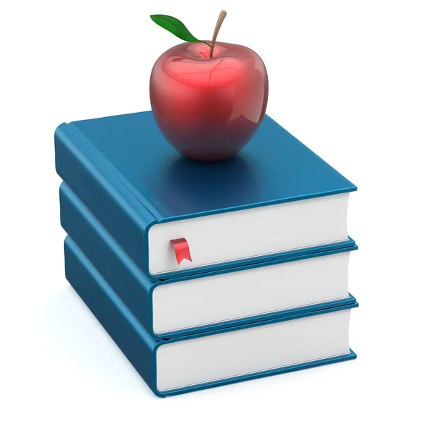 Läroböcker tom blå bok stack och red apple utbildning — Stockfoto