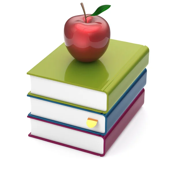 Livres trois lecture multicolore et pomme rouge pile de manuels — Photo
