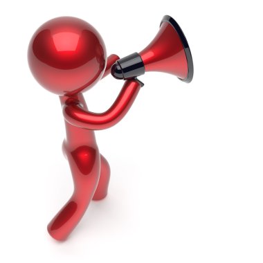 Man megaphone character making announcement red icon