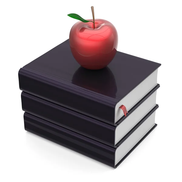 Livres noirs trois 3 et pomme rouge lecture pile de manuels — Photo