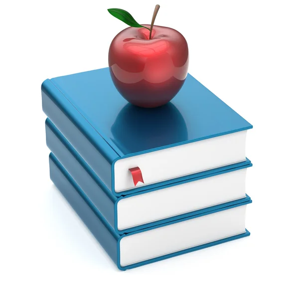 Books textbooks stack blue blank covers and red apple — Stockfoto