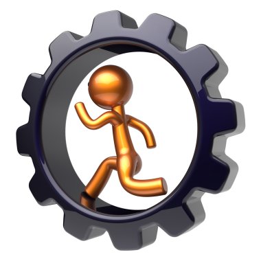 Man character running inside gearwheel businessman concept