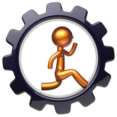 Gearwheel man character running inside black cogwheel businessman rotate gear wheel
