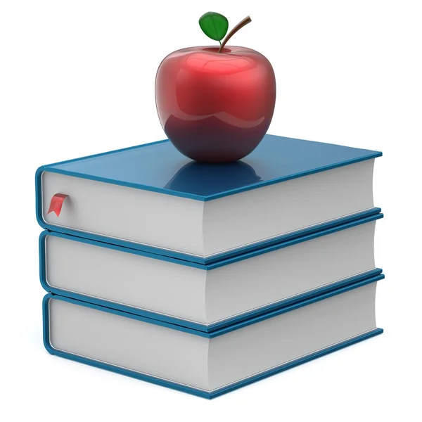 Books blank blue textbook stack and red apple reading icon — Stock Photo, Image