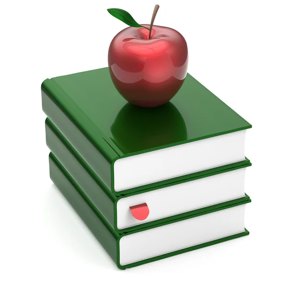 Livres scolaires empilent vert blanc et pomme rouge éducation — Photo