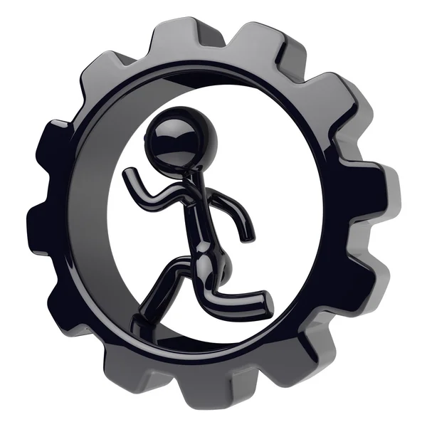 Gearwheel hombre carácter corriendo dentro cogwheel icono negro —  Fotos de Stock