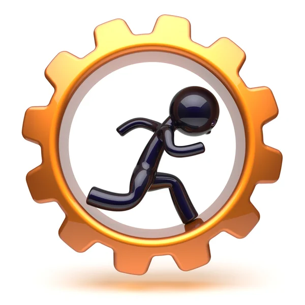 Man character running inside golden gearwheel hard work — 스톡 사진