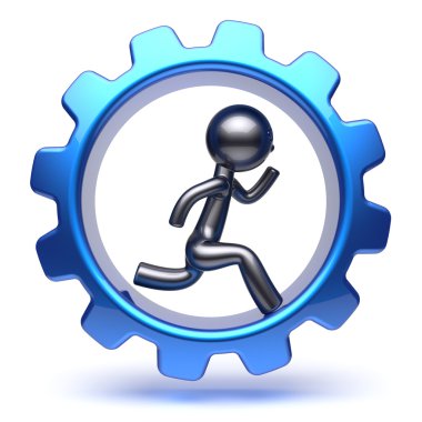 Running man character inside gearwheel businessman work