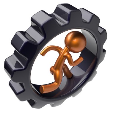 Running man character stylized cartoon guy rotate gearwheel