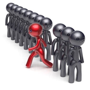 Different people red character stand out from the black crowd