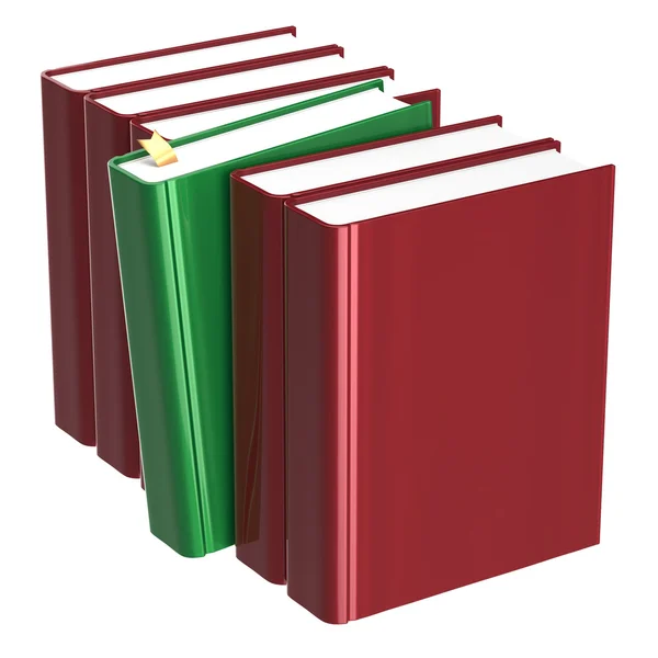Books row blank red one selected green choosing answer — Stockfoto